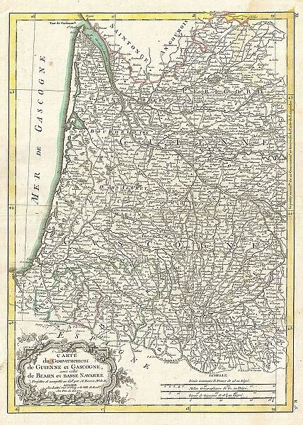 1771 Bonne Map Of Guyenne And Gascony France