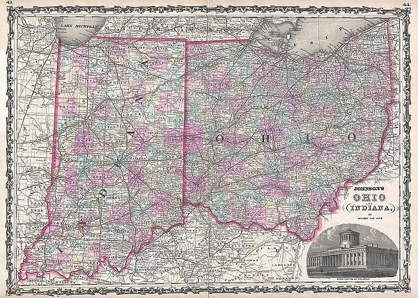 1862 Johnson Map Of Ohio And Indiana Topography