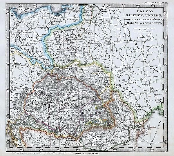 1862 Stieler Map Of Poland And Hungary Topography