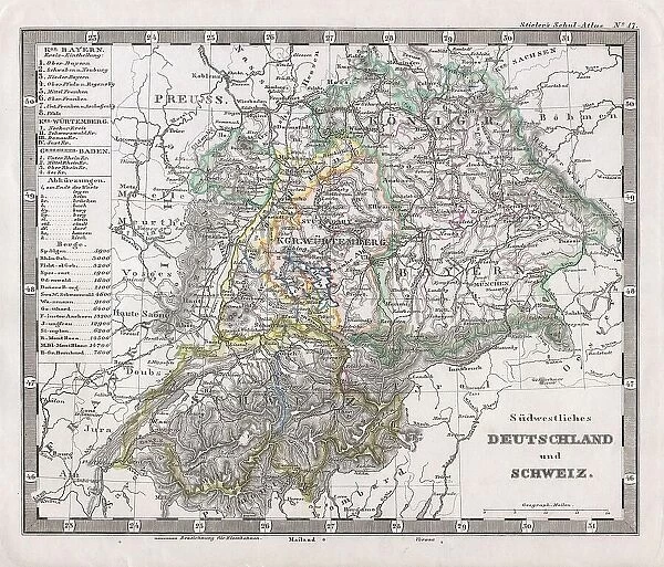 1862 Stieler Map Of Southern Germany And Switzerland