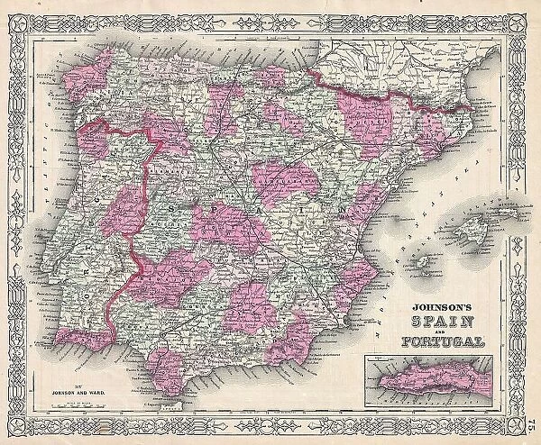 1864 Johnson Map Of Spain And Portugal Topography