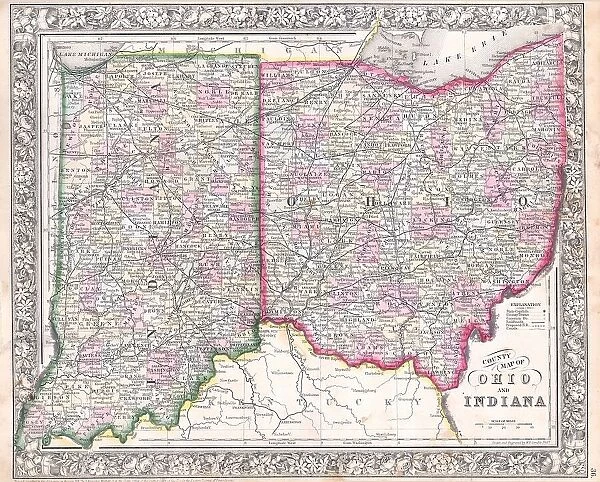 1864 Mitchell Map Of Ohio And Indiana Topography
