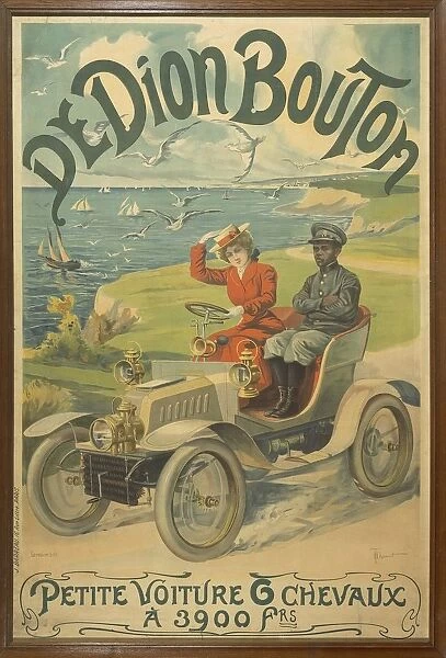 Advertisement for car depicting La Belle Otero at wheel and Michel Zelete, valet of marquis of Dijon beside her, Illustration by Henry Thiriet, 1901