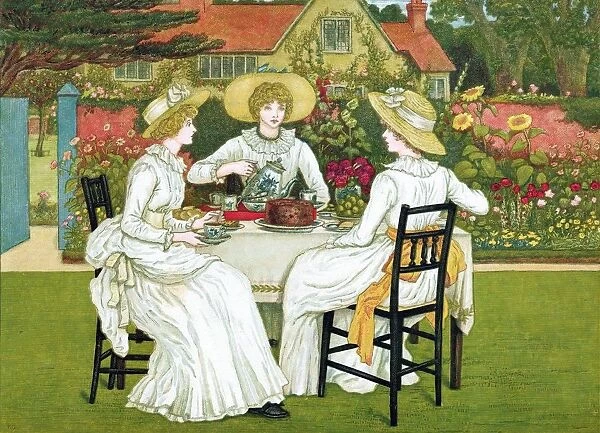 Afternoon Tea. Three young ladies in white dresses and straw bonnets take tea
