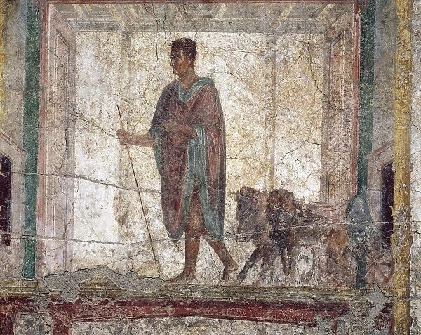 Ancient Roman fresco A. D. metus with boar and lion yoked to chariot, 1st Century
