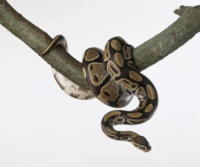 Framed Print : Royal python curled up around a tree branch Print