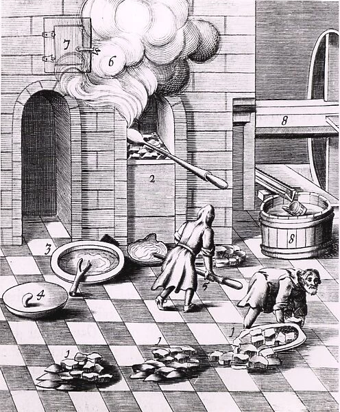 Assaying copper and lead: prepared and weighed ore (1) and assay oven (2). From 1683