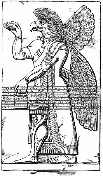 Assyrian winged god Nisroch carrying the pine cone, symbol of regeneration. Engraving