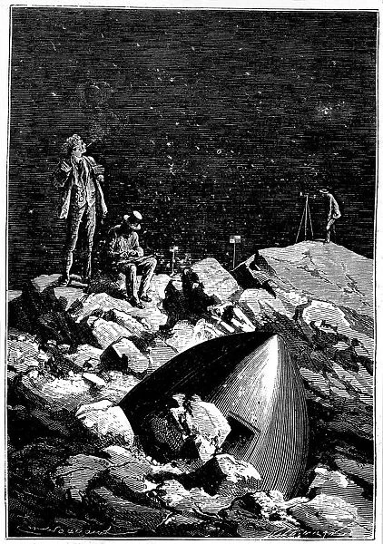 The astronauts surveying the Moon. From Jules Verne Autour de la Lune, Paris, 1865