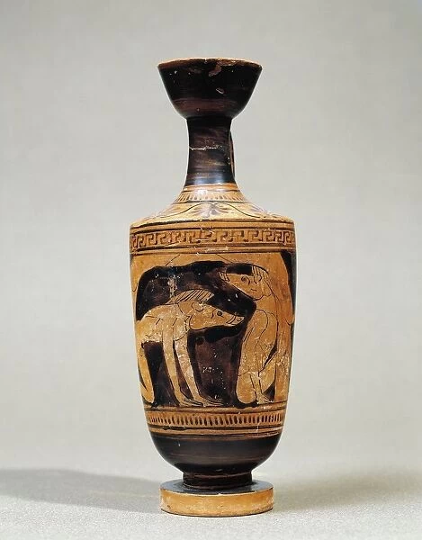 Attic lekythos depicting two companions of Ulysses turned into swine by Circewitch, red-figure pottery