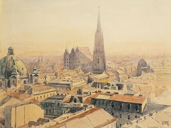 Austria, Vienna, watercolor painting of city