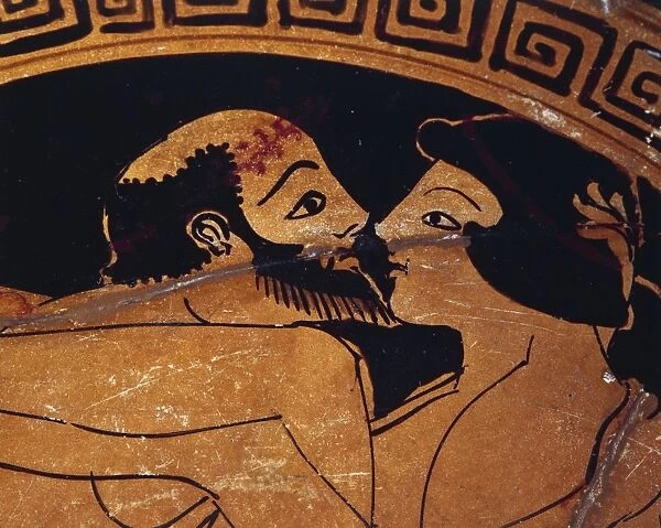 Bowl decorated with erotic scene, Detail of kiss between lovers