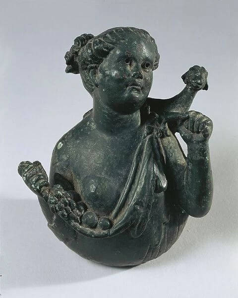 Bronze bust of Maenad holding goat on her shoulders and fruit in her arms, From Volubilis (Morocco)