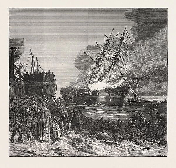 Burning of the Marine Societys Training-Ship the Warspite, Off Charlton, Engraving 1876
