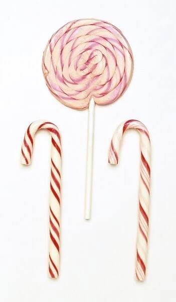 Two candy canes and a round lolly