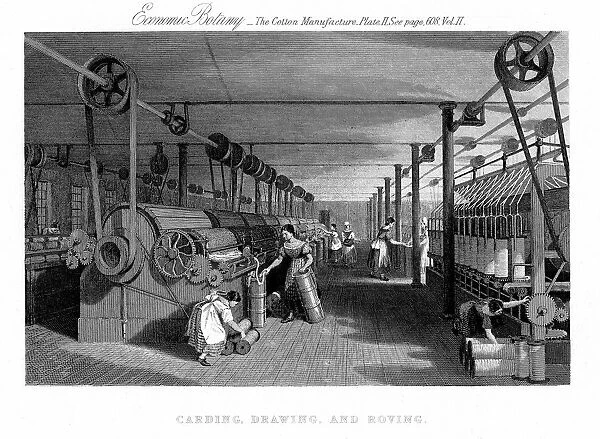 Carding, drawing and roving cotton. Carding engine (left) delivers cotton in a single sliver