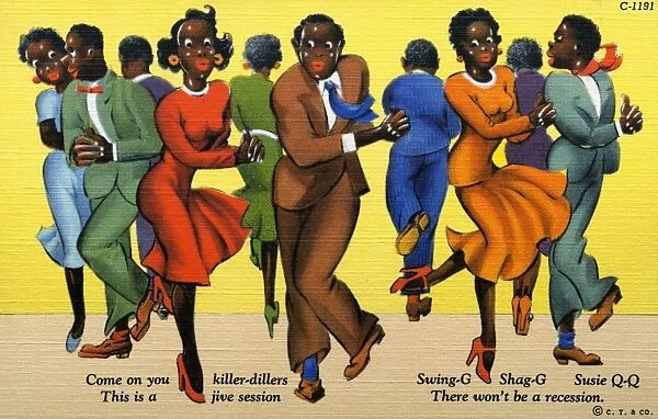 Cartoon of Dancers. ca. 1938, Come on you killer-dillers, Swing-G, Shag-G, Susie Q-Q, There won t be a recession