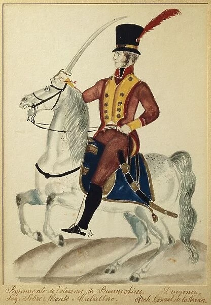 Cavalryman of veteran regiment of Buenos Aires Dragoons, watercolor
