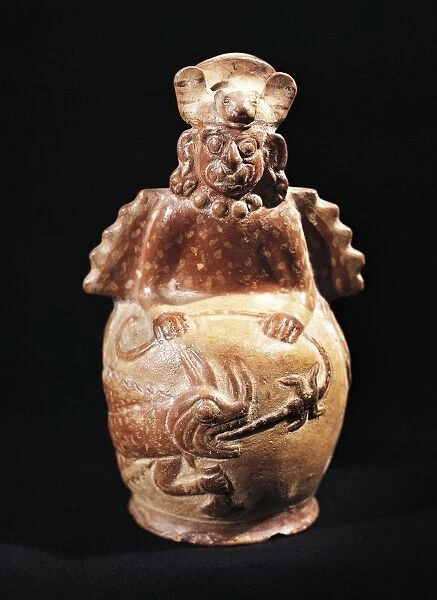 Ceramic artifact in shape of man fishing, Peru, Moche culture