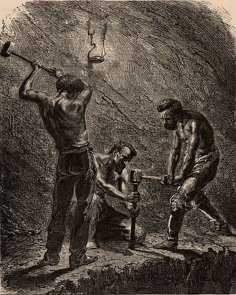 Cornish miners boring a hole to take a charge of explosive. One miner holds the metal borer upright