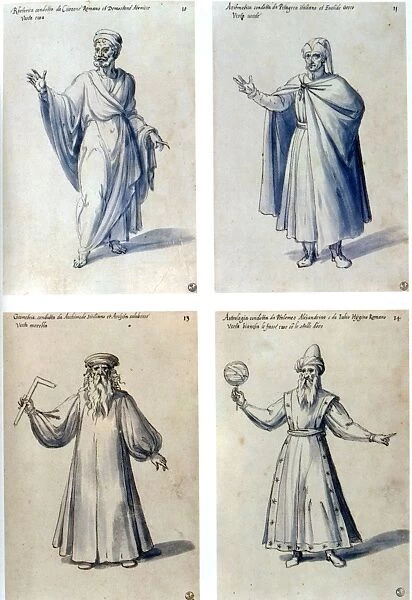 Costume design for classical figures. Top L: Cicero. Top R: Euclid. Bottom L: Archimedes