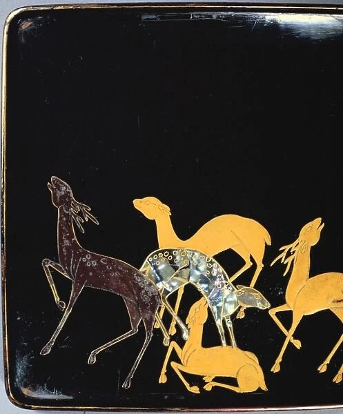 Deer calling in Autumn: Interior of a writing box (detail), black lacquer with Gold inlays