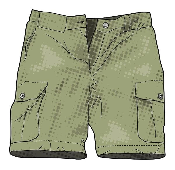 Digital illustration of green hiking shorts unzipped from convertible trousers