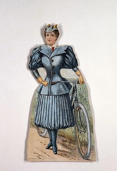 Display card showing ladies cycling costume with accordion-pleated divided skirt