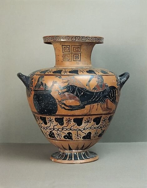 Etruscan civilization, Black-figure pottery, Hydria with figures of Eurystheus, Hercules and Cerberus