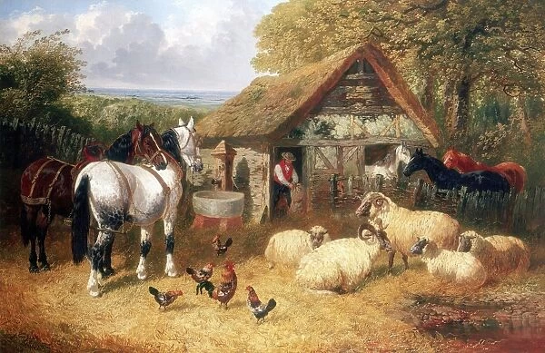 Farmyard scene showing stable by an oak wood, horses, horned sheep by a pond, and chickens
