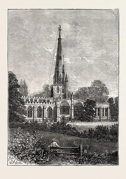 Fixing the Weathercock, Ashbourne Church, Derbyshire, Uk, 1873 Engraving