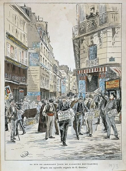 France, Paris, Newspaper vendor in rue du Croissant on corner of rue du Faubourg Montmartre in Paris by Ernest Grenier, Print from watercolor, 1893