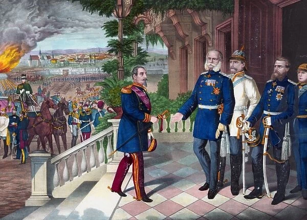 Franco-Prussian War 1870-1871: Napoleon III of France surrendering his sword to Wilhelm