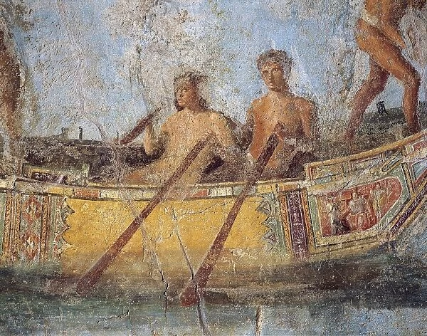 Fresco of room E, eastern wall. Marine scene with richly decorated boat, detail with oarsmen from the river port of San Paolo, fraction of Pietro Papa (Rome), fresco