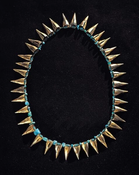 Gold and turquoise necklace. Pre-Inca civilization, Peru, Chimu culture