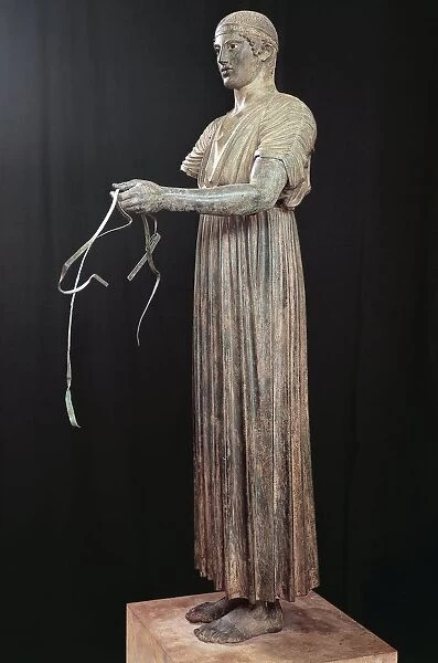 Greek civilization, bronze statue of Charioteer of Delphi, also known as Heniokhos, circa 475 B. C. from Delphi, Greece