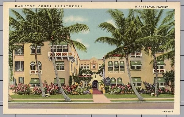 Hampton Court Apartments. ca. 1936, Miami Beach, Florida, USA, HAMPTON COURT APARTMENTS, Collins Ave. at 28th Street, MIAMI BEACH, FLORIDA. Ideally located. Just across the street from the Ocean. Surf, sun bathing and deep sea fishing at your front door. Golf and polo a few minutes away. Apartments tastefully, comfortably and completely furnished, electrically equipped. Garage, Servants quarters, Steam heat. F. KYLE EBERSOLE, Owner and Manager