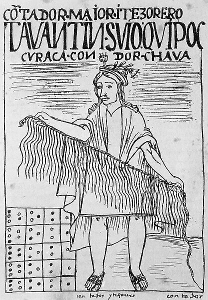 Inca man holding a quipu, a device made of strings and knots used to count and record numeric information by Felipe Guaman Poma de Ayala (1550-after 1615) from Nueva Cronica y Buen Gobierno, Engraving, 1587