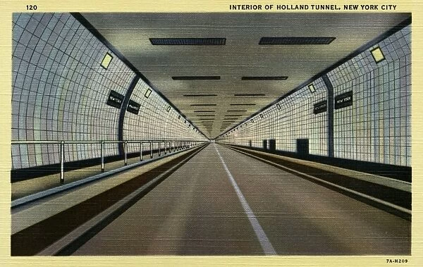 Interior of Holland Tunnel. ca. 1937, New York, New York, USA, 120. INTERIOR OF HOLLAND TUNNEL, NEW YORK CITY. Interior view showing state line in center of the Holland Tunnel. The Tunnel extends 5, 480 feet under the Hudson River between Manhattan and Jersey City. It consists of two tubes, each of which accommodates two lanes of vehicular traffic in one direction. One tube is for east bound traffic and one for west bound. The tunnel air can be completely changed 42 times per hour
