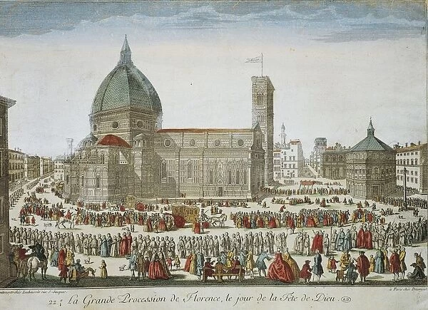 Italy, Florence, Large Corpus Christi procession in Piazza Duomo, engraving