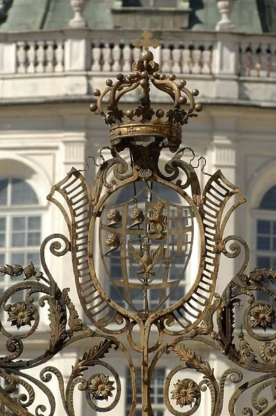 Italy, Piedmont Region, Stupinigi, entrance gate with House of Savoy coat of arms at Royal hunting lodge