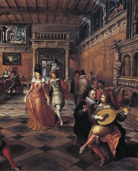 Italy, Turin, painting of dance at ball in flemish interior