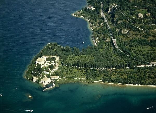 Italy, Veneto Region, Province of Verona, Punta San Vigilio on Lake Garda or Benaco, aerial view
