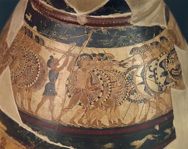 Italy, Viterbo, Montalto di Castro, Veio, Chigi vase showing details of battle, by Corinthian painter