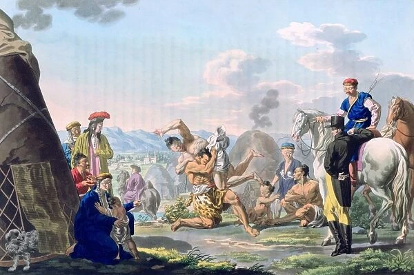 Kalmyk men wrestling. Russian lithograph of 1813. Mongolic nomadic pasturists originating