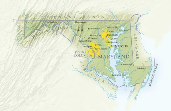 Map of Maryland, close-up