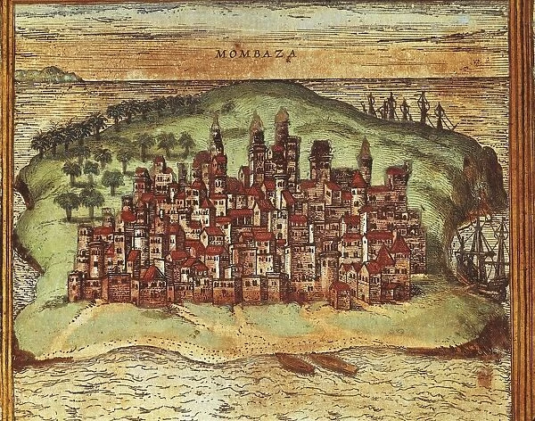 Map of Mombasa, Kenya, from Civitates Orbis Terrarum by Georg Braun and Franz Hogenberg, engraving