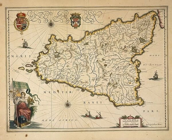 Map of Sicily, by Willem Blaeu, from Regionum Italiae, engraving