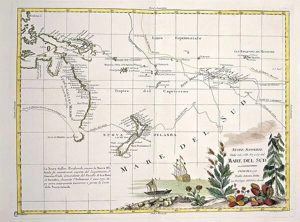 Map of South Seas, New Zealand, New Guinea, New South Wales, Society Islands by Antonio Zatta according to discoveries of James Cook, Venice 1776
