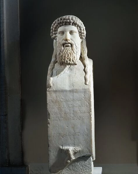 Marble cippus with head of Hermes, copy after original by Alkamenes of 5th century b. c. from Pergamon, Turkey